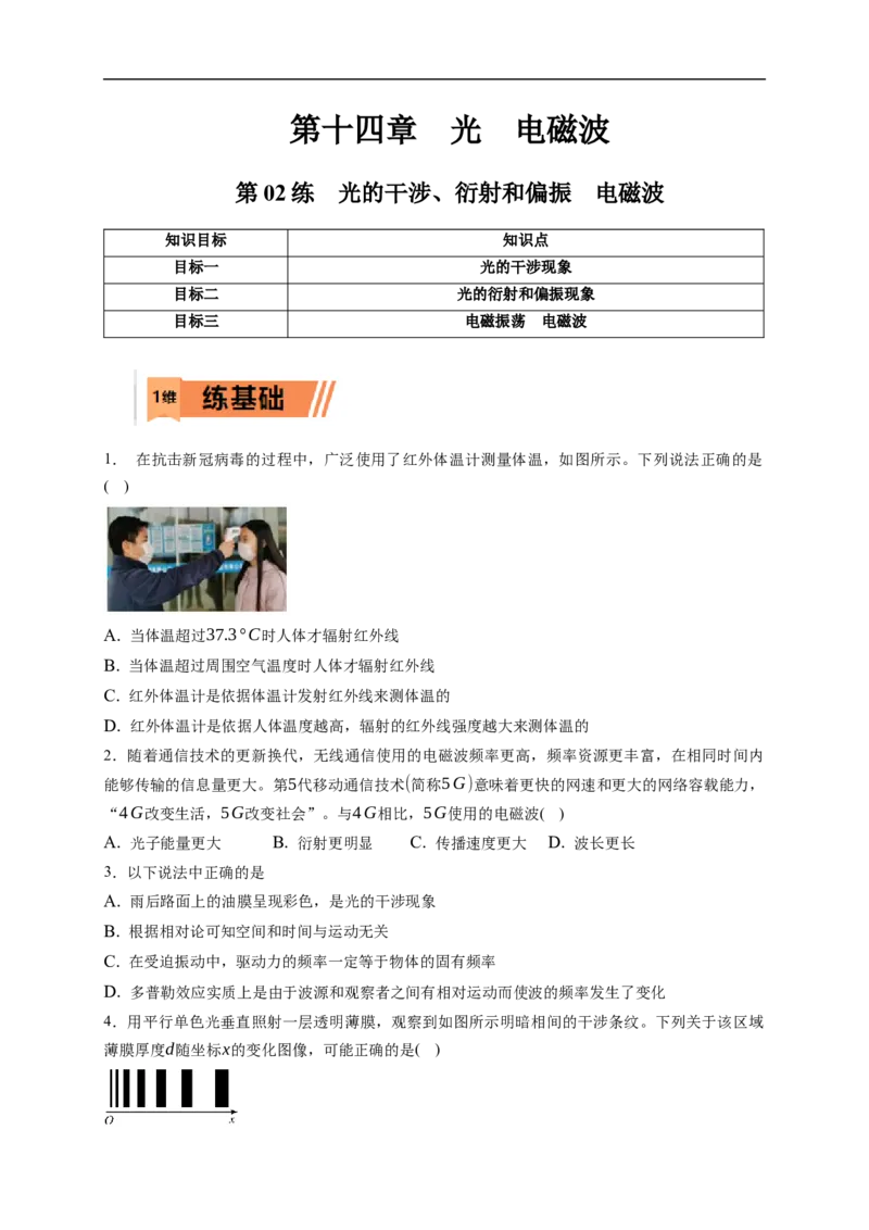 第02练　光的干涉、衍射和偏振　电磁波（解析版）_4.2025物理总复习_2023年新高复习资料_一轮复习_2023年高考物理一轮复习小题多维练（新高考专用）_第十四章　光　电磁波