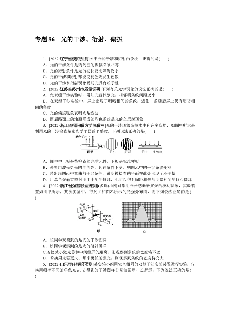 专题86　光的干涉、衍射、偏振_4.2025物理总复习_赠品通用版（老高考）复习资料_专项复习_2023《微专题&middot;小练习》&middot;物理&middot;L-5