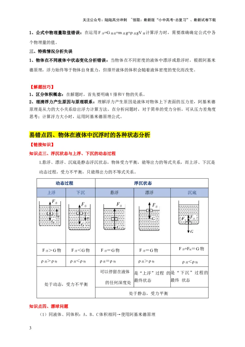 易错点09会分析物体在水中的浮沉问题（5陷阱点7题型）（原卷版）_02中考总复习（2026版更新中）_04-物理-中考总复习_2025年中考复习资料_2025年中考物理考试易错题（全国通用）