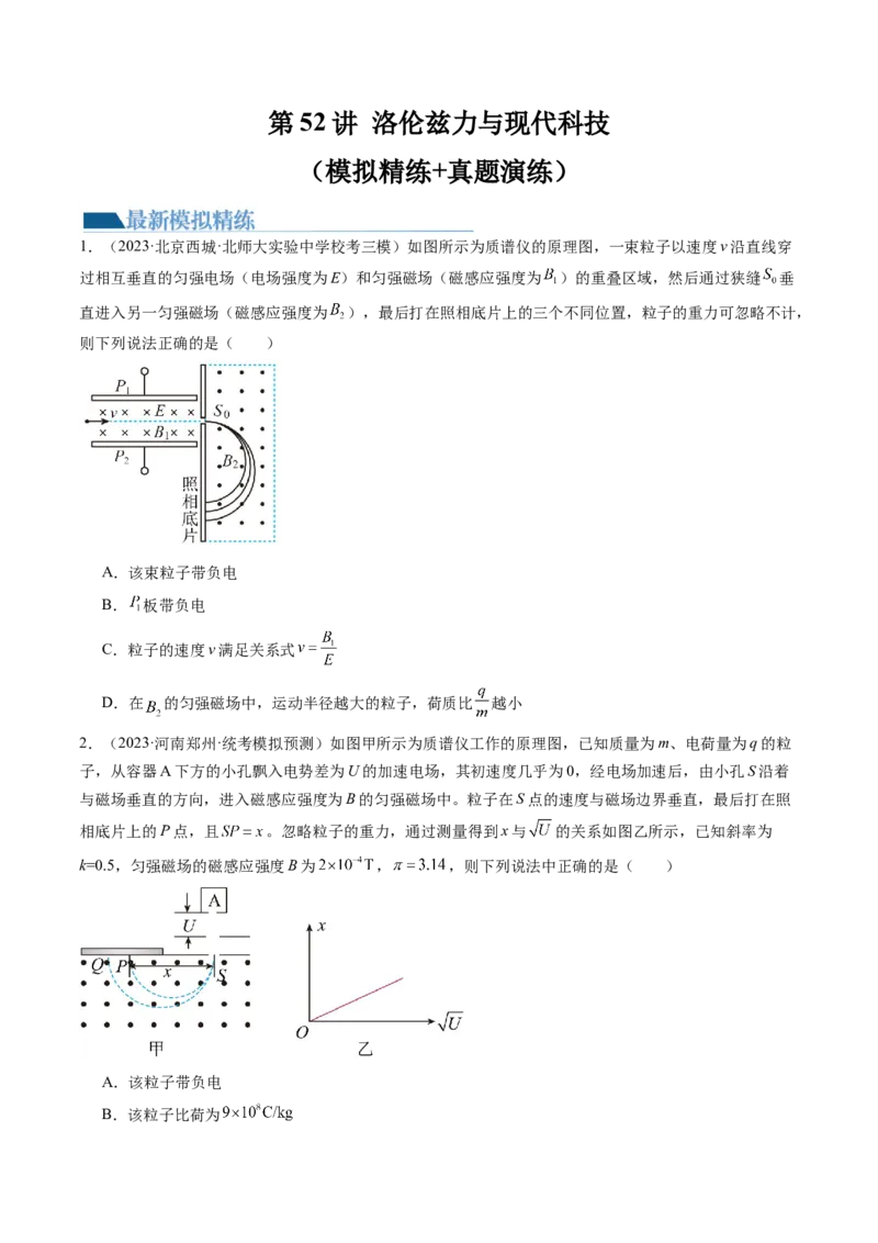 第52讲洛伦兹力与现代科技（练习）（原卷版）_4.2025物理总复习_2024年新高考资料_1.2024一轮复习_2024年高考物理一轮复习讲练测（新教材新高考）_第52讲洛伦兹力与现代科技（练习）