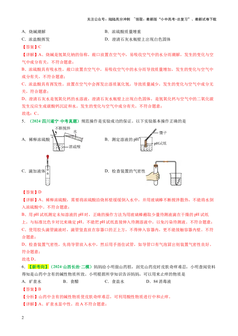 主题二物质的性质与应用常见的酸碱盐（测试）（解析版）_02中考总复习（2026版更新中）_05-化学-中考总复习_2025年中考复习资料_2025中考化学一轮复习讲义+课件_练习