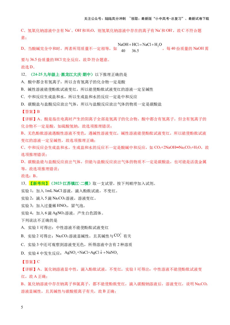 主题二物质的性质与应用常见的酸碱盐（测试）（解析版）_02中考总复习（2026版更新中）_05-化学-中考总复习_2025年中考复习资料_2025中考化学一轮复习讲义+课件_练习