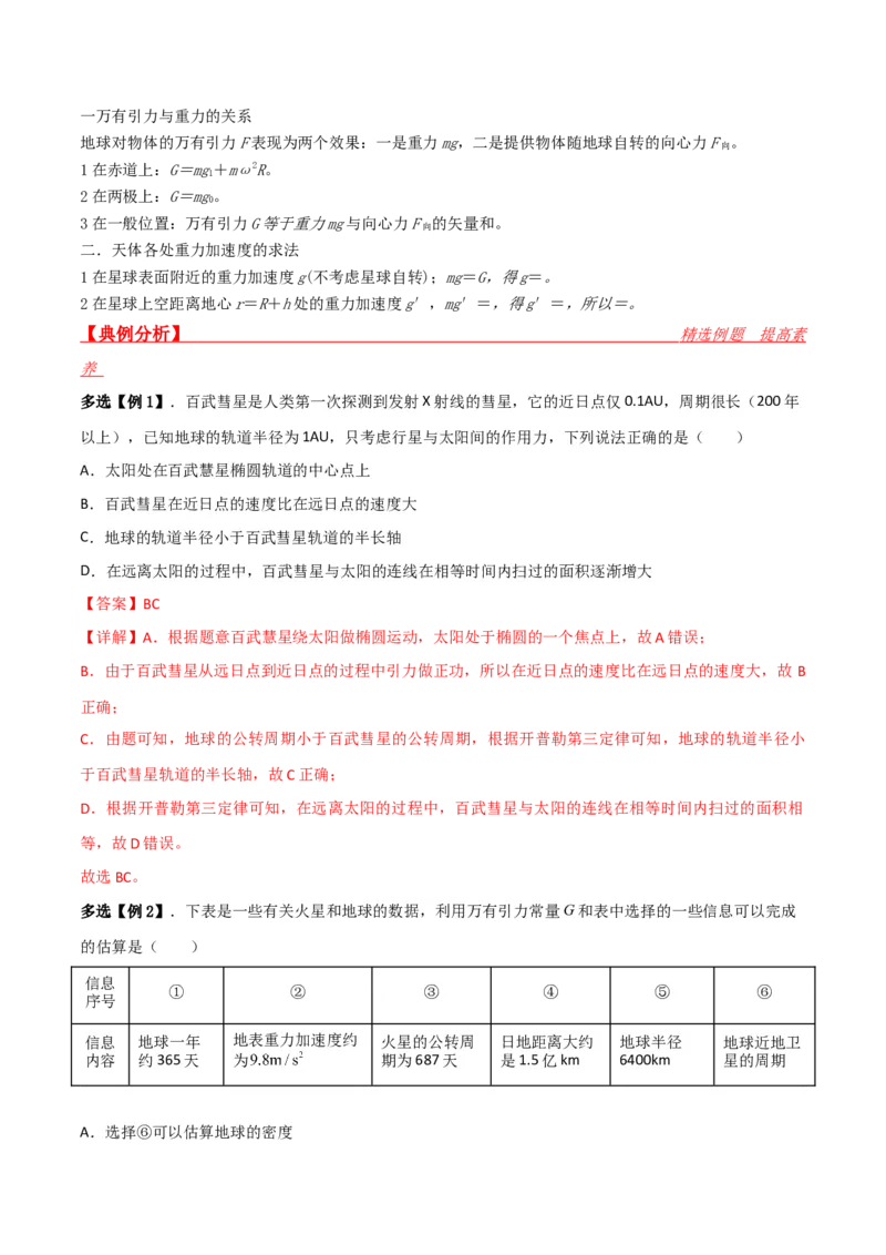 第20讲行星运动和万有引力定律及其成就-2024届高中物理一轮复习提升素养导学案（全国通用）解析版_4.2025物理总复习_2024年新高考资料_1.2024一轮复习