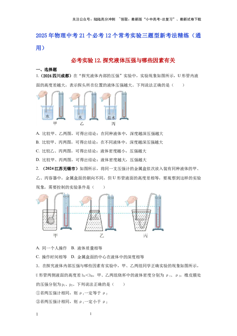 必考实验12.探究液体压强与哪些因素有关（原卷版）_02中考总复习（2026版更新中）_04-物理-中考总复习_2025年中考复习资料