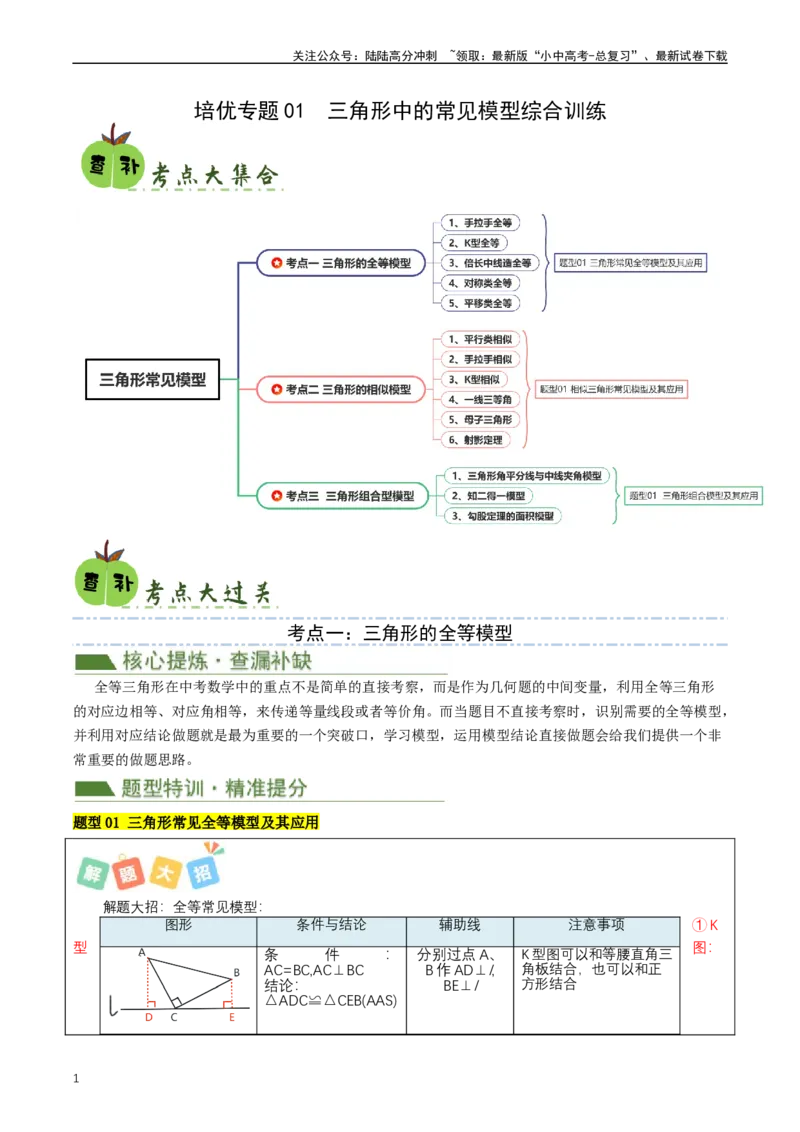 培优冲刺01三角形中的常见模型综合训练（解析版）_02中考总复习（2026版更新中）_02-数学-中考总复习_2024年中考复习资料_三轮冲刺资料_完2024年中考数学复习冲刺过关（全国通用）