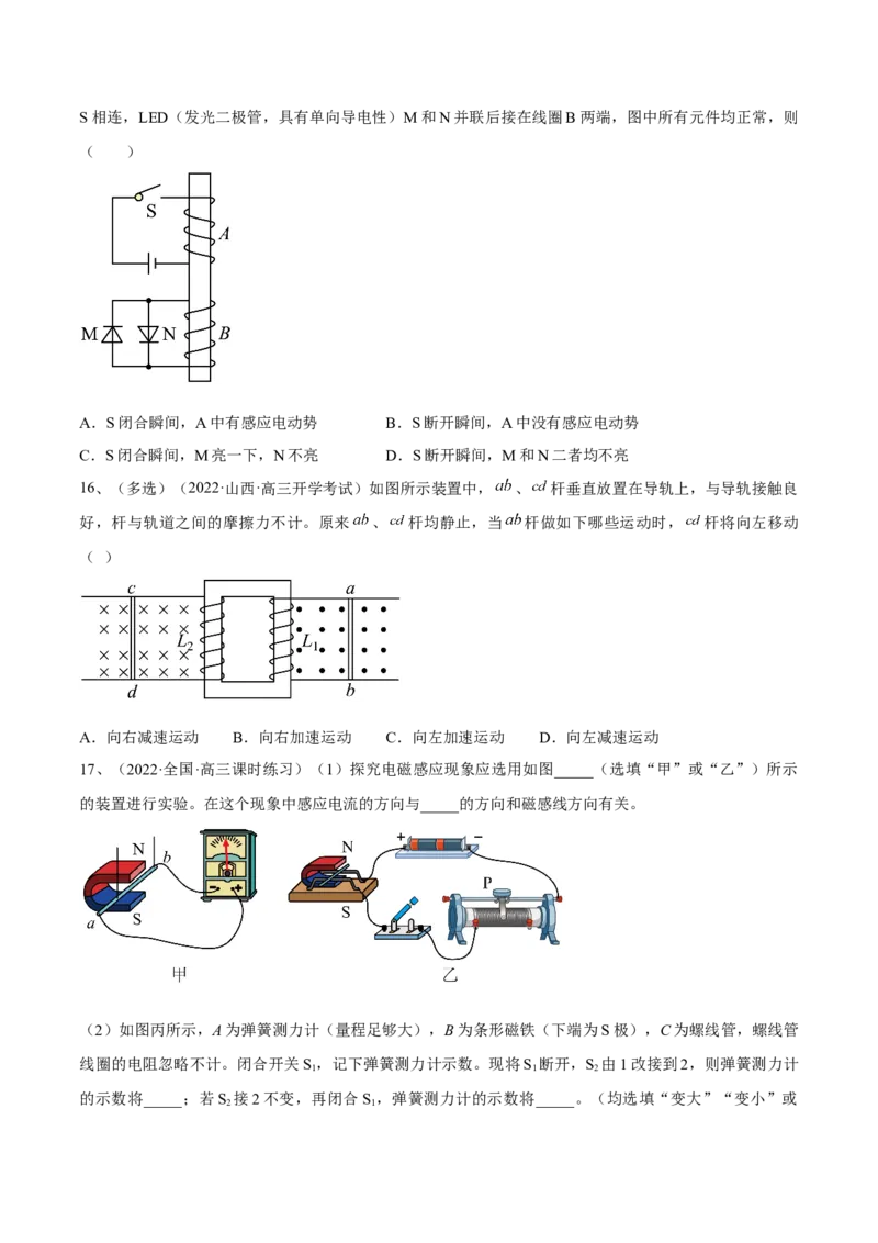 专题13.1　电磁感应现象　楞次定律练&mdash;&mdash;2023年高考物理一轮复习讲练测（新教材新高考通用）（原卷版）_4.2025物理总复习_2023年新高复习资料_一轮复习