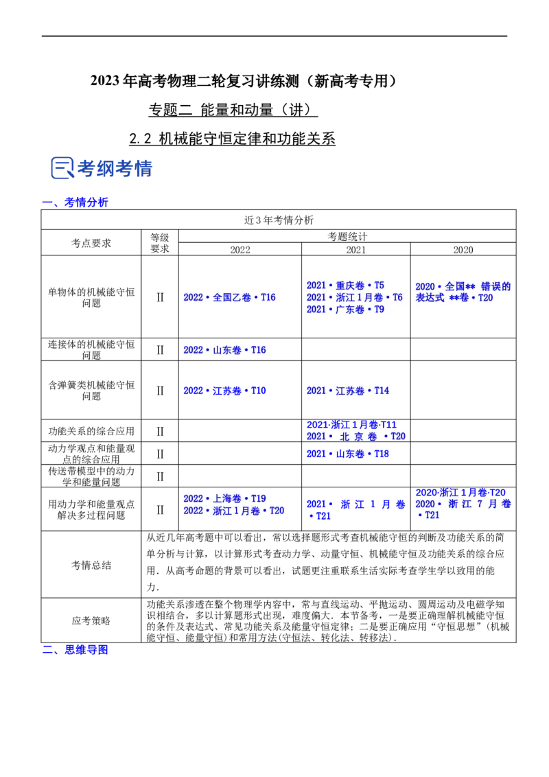 专题2.2机械能守恒定理和功能关系（讲）-2023年高考物理二轮复习讲练测（新高考专用）（解析版）_4.2025物理总复习_2023年新高复习资料_二轮复习