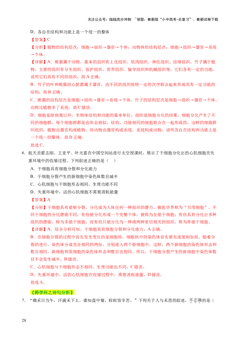 主题一生物体的结构层次（讲练）（解析版）_02中考总复习（2026版更新中）_08-生物-中考总复习_2025中考复习资料_2025中考二轮课件ppt+讲义+练习生物_讲义+练习
