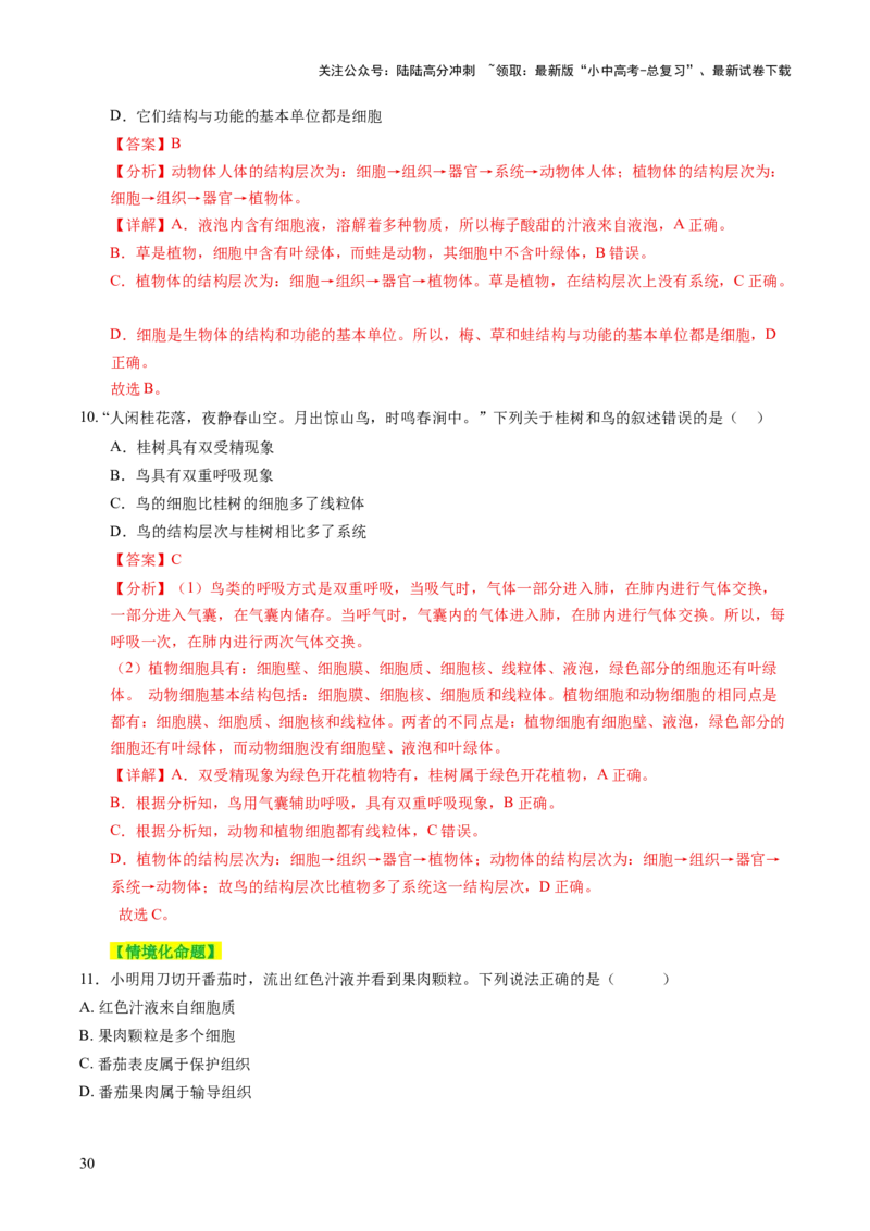 主题一生物体的结构层次（讲练）（解析版）_02中考总复习（2026版更新中）_08-生物-中考总复习_2025中考复习资料_2025中考二轮课件ppt+讲义+练习生物_讲义+练习