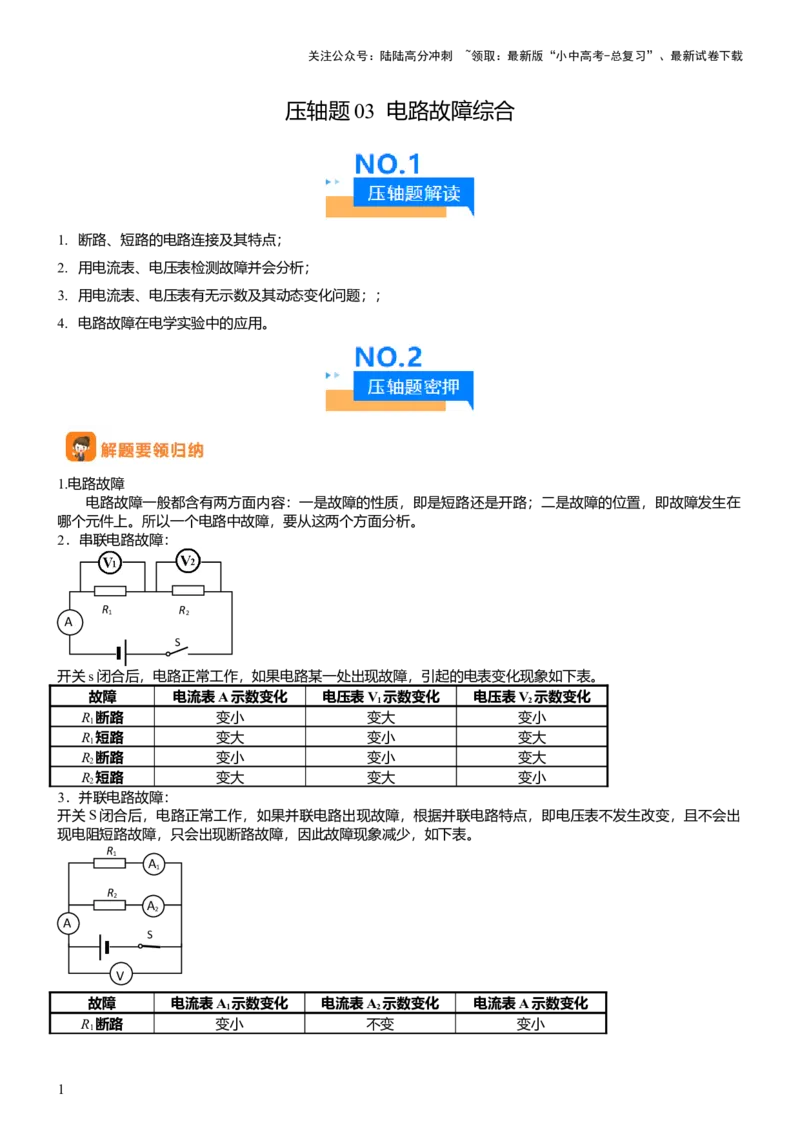 压轴题03电路故障综合（解析版）_02中考总复习（2026版更新中）_04-物理-中考总复习_2024年中考复习资料_三轮复习_2024年中考物理压轴题专项训练（全国通用）