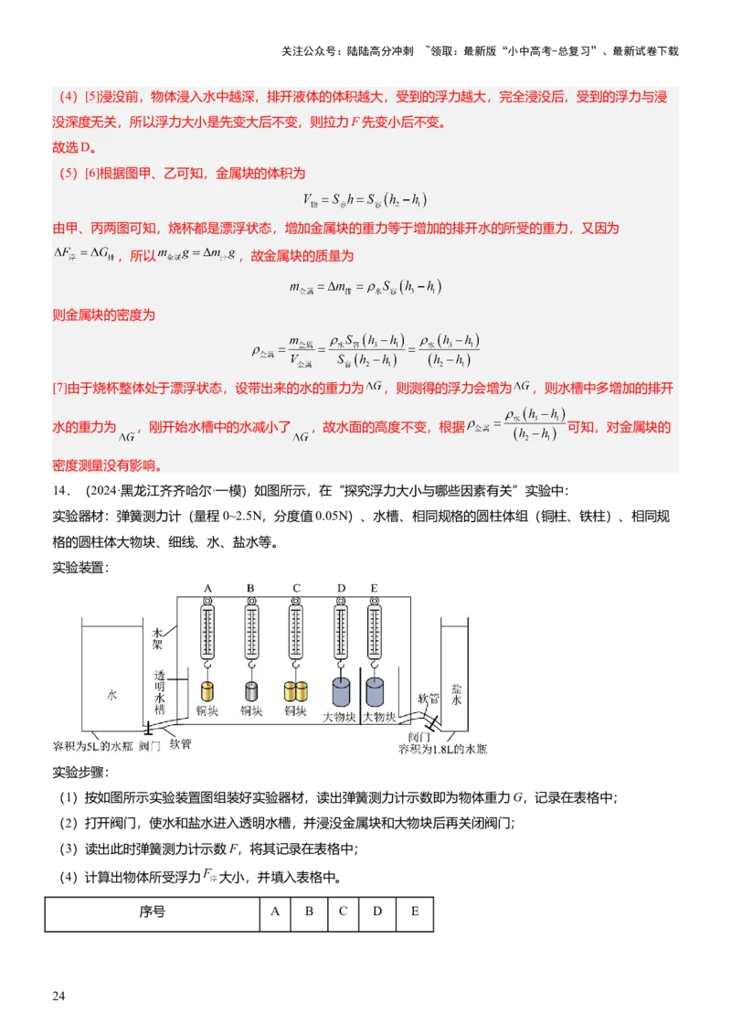 压轴题09压强与浮力实验题（解析版）_02中考总复习（2026版更新中）_04-物理-中考总复习_2024年中考复习资料_三轮复习_2024年中考物理压轴题专项训练（全国通用）