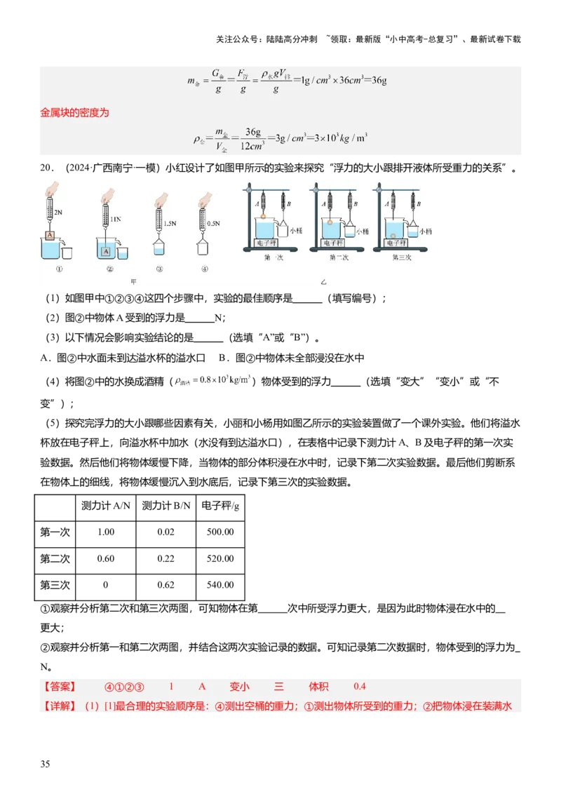 压轴题09压强与浮力实验题（解析版）_02中考总复习（2026版更新中）_04-物理-中考总复习_2024年中考复习资料_三轮复习_2024年中考物理压轴题专项训练（全国通用）