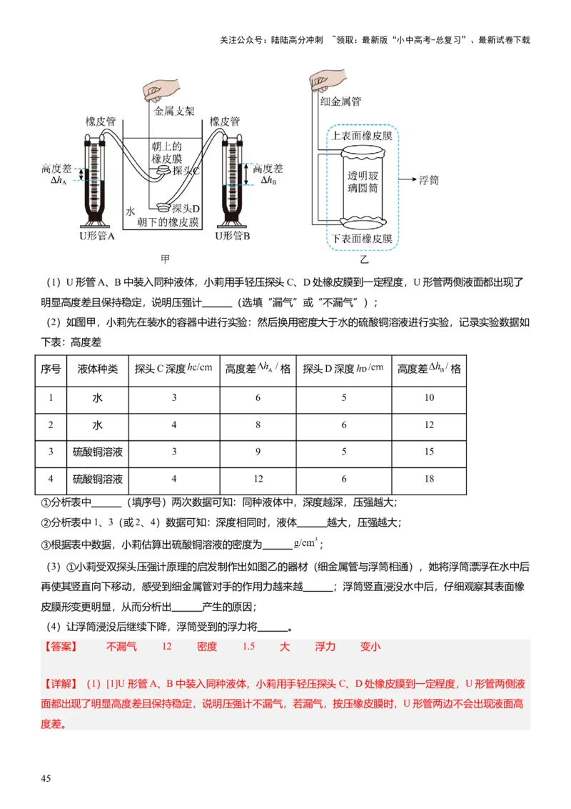 压轴题09压强与浮力实验题（解析版）_02中考总复习（2026版更新中）_04-物理-中考总复习_2024年中考复习资料_三轮复习_2024年中考物理压轴题专项训练（全国通用）