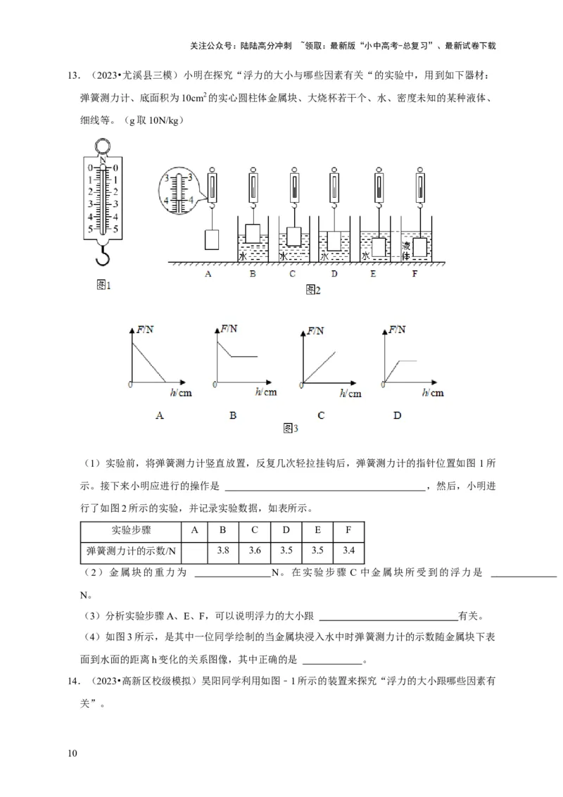 实验10探究浮力大小与哪些因素有关（原卷版）_02中考总复习（2026版更新中）_04-物理-中考总复习_2024年中考复习资料_二轮复习_（讲义+练习）2024年中考物理二轮题型专项复习