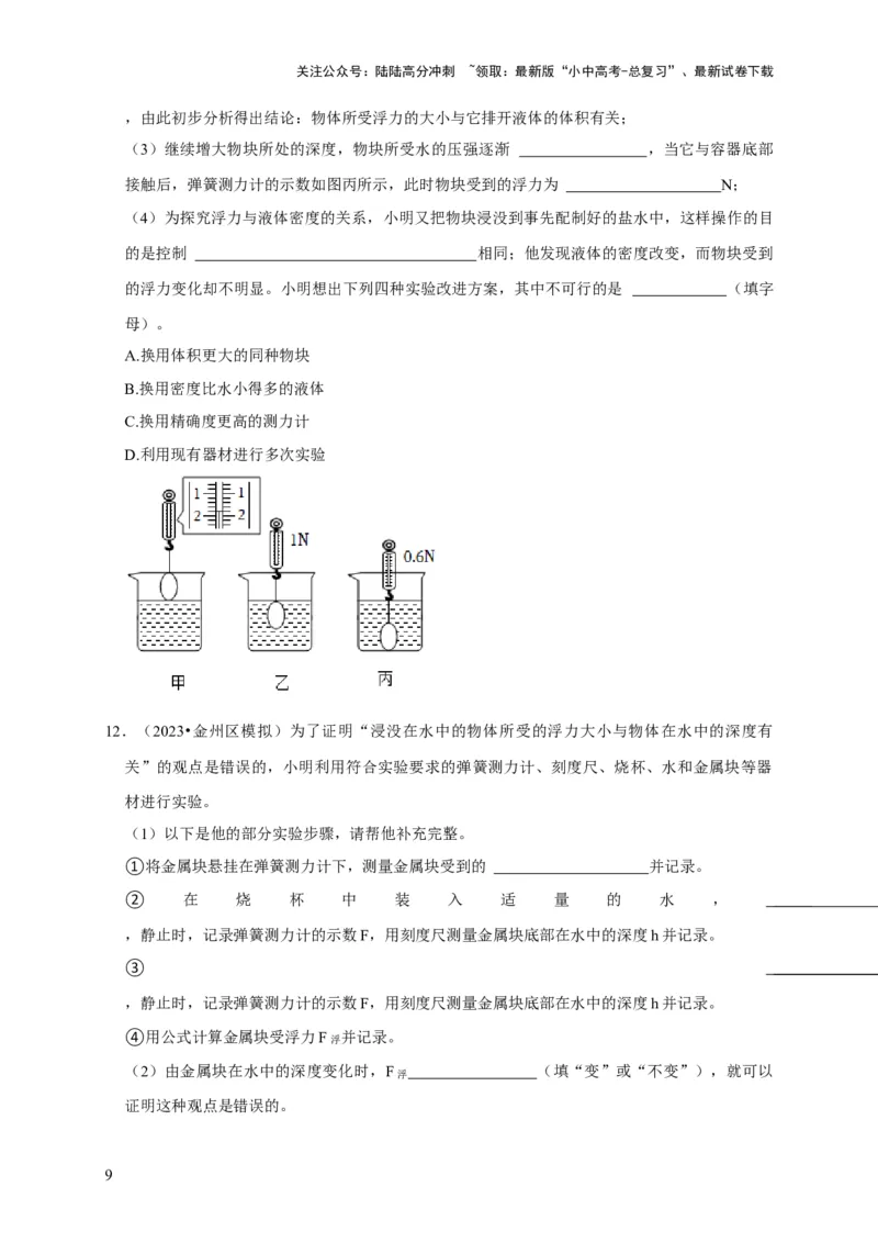 实验10探究浮力大小与哪些因素有关（原卷版）_02中考总复习（2026版更新中）_04-物理-中考总复习_2024年中考复习资料_二轮复习_（讲义+练习）2024年中考物理二轮题型专项复习