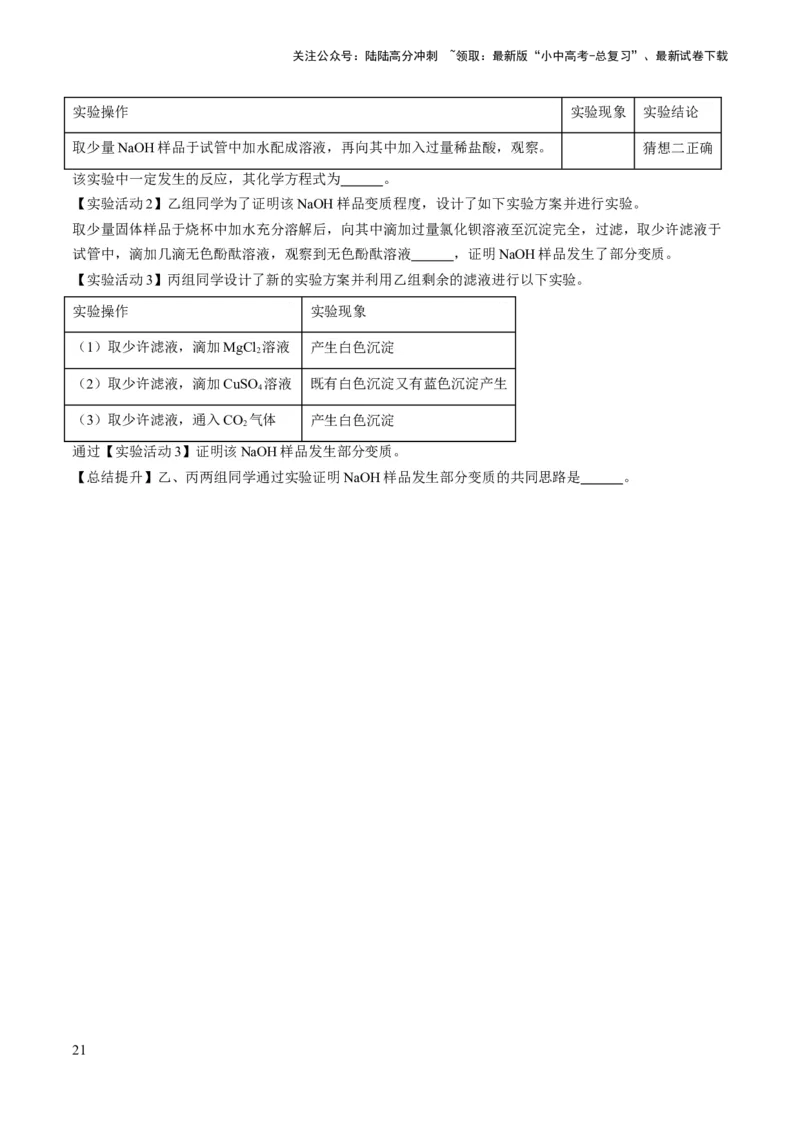 微专题11实验探究-备战2024年中考化学一轮复习考点帮（人教版）（原卷版）_02中考总复习（2026版更新中）_05-化学-中考总复习_2024年中考复习资料_一轮复习资料_微专题突破