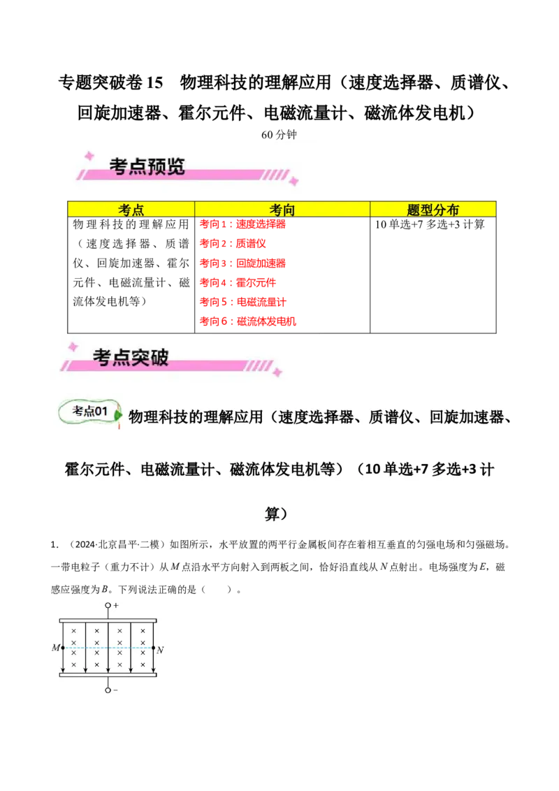 专题突破卷15物理科技的理解应用（速度选择器、质谱仪、回旋加速器、霍尔元件、电磁流量计、磁流体发电机等）（原卷版）_4.2025物理总复习_2025年新高考资料_一轮复习