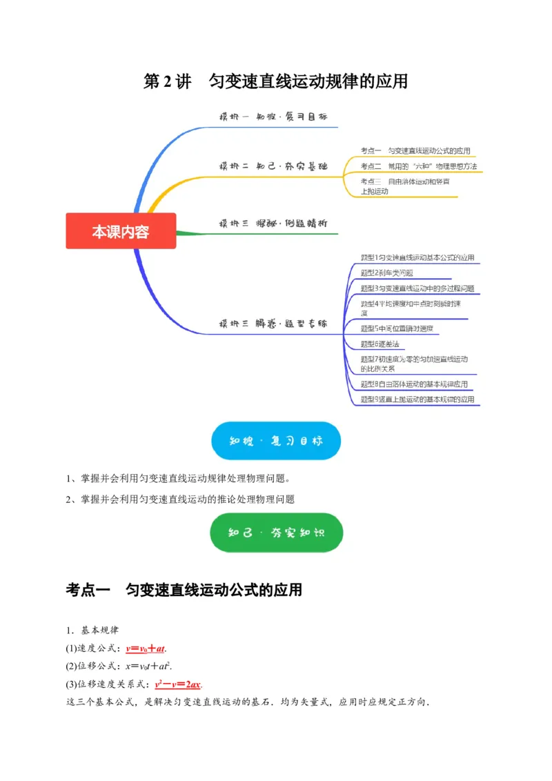 第2讲　匀变速直线运动规律的应用（原卷版）_4.2025物理总复习_2025年新高考资料_一轮复习_2025届高考物理一轮复习考点精讲精练（全国通用）（完结）
