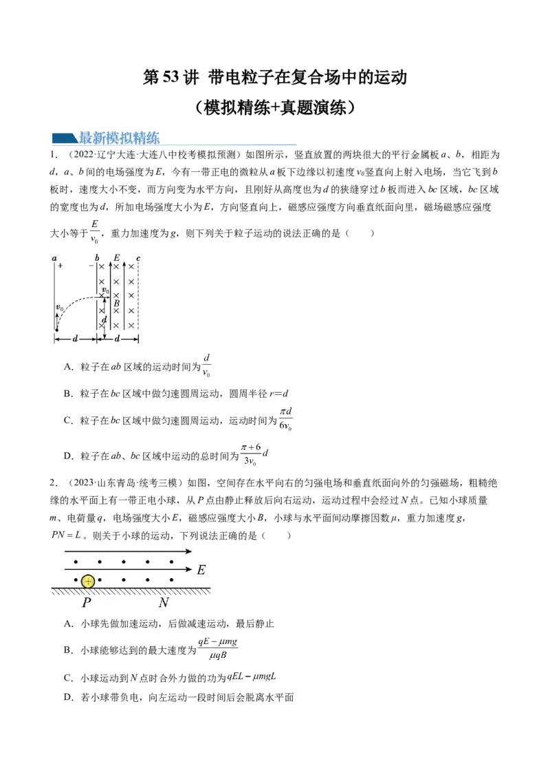 第53讲带电粒子在复合场中的运动（练习）（原卷版）_4.2025物理总复习_2024年新高考资料_1.2024一轮复习_2024年高考物理一轮复习讲练测（新教材新高考）