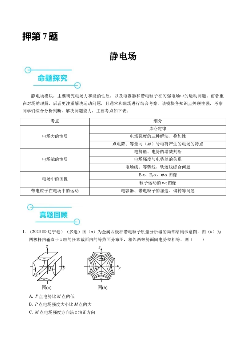 押第7题：静电场-备战2024年高考物理临考题号押题（辽宁、黑龙江、吉林专用）（考试版）_4.2025物理总复习_2024年新高考资料_5.2024三轮冲刺