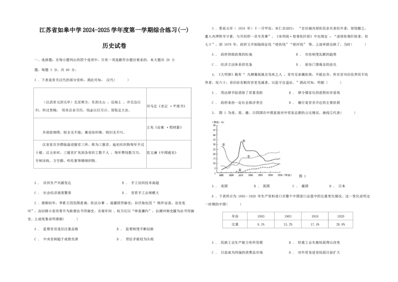 江苏省如皋中学2024-2025学年高三上学期综合练习（一）历史Word版含解析_A1502026各地模拟卷（超值！）_10月_241022江苏省如皋中学2024-2025学年高三上学期综合练习（一）