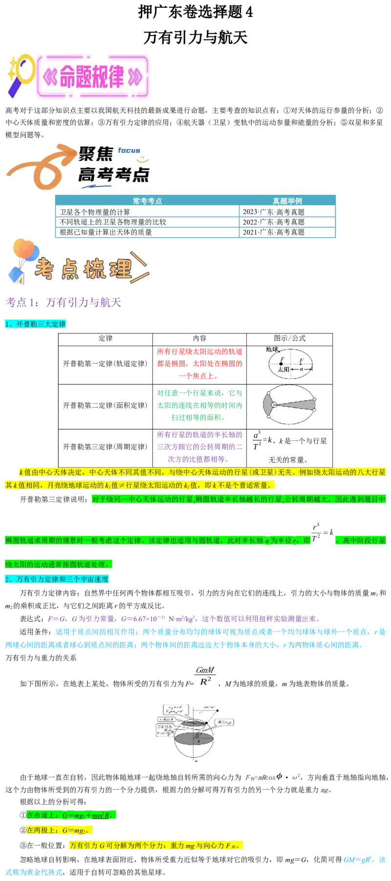 押广东卷选择题4万有引力与航天（原卷版）_4.2025物理总复习_2024年新高考资料_5.2024三轮冲刺_备战2024年高考物理临考题号押题（广东专用）324210116