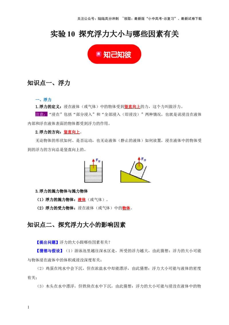实验10探究浮力大小与哪些因素有关（解析版）_02中考总复习（2026版更新中）_04-物理-中考总复习_2024年中考复习资料_二轮复习_（讲义+练习）2024年中考物理二轮题型专项复习