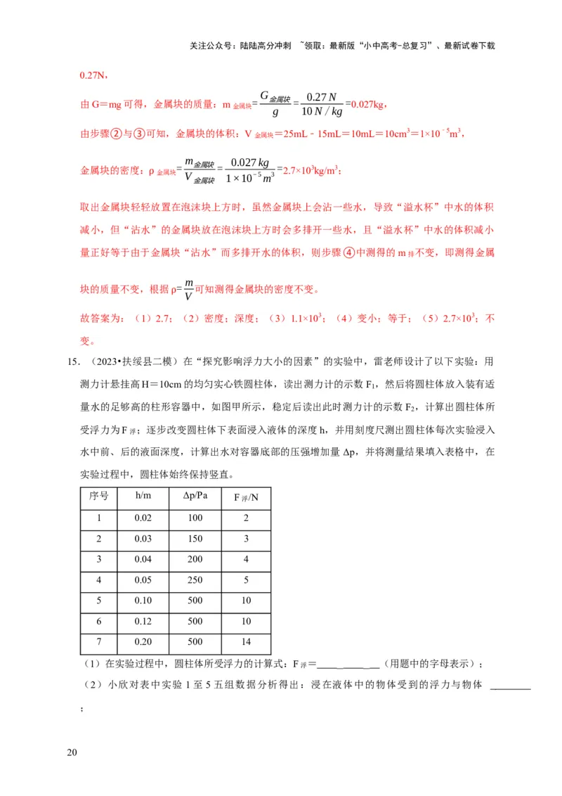 实验10探究浮力大小与哪些因素有关（解析版）_02中考总复习（2026版更新中）_04-物理-中考总复习_2024年中考复习资料_二轮复习_（讲义+练习）2024年中考物理二轮题型专项复习
