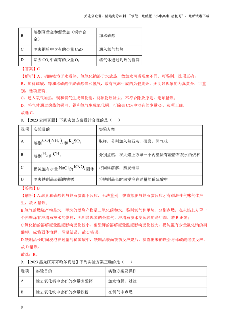 微专题6物质的检验与鉴别、分离与除杂、共存（解析版）_02中考总复习（2026版更新中）_05-化学-中考总复习_2024年中考复习资料_一轮复习资料_微专题突破