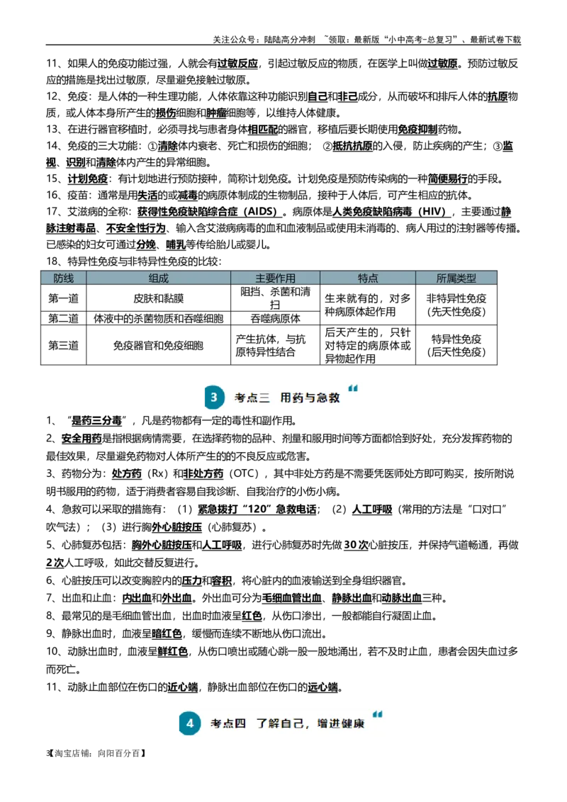 清单15健康地生活（4大考点+7大高频命题点）（教师版）_02中考总复习（2026版更新中）_08-生物-中考总复习_2024年中考复习资料_一轮复习_完口袋书2024年中考生物一轮复习知识清单