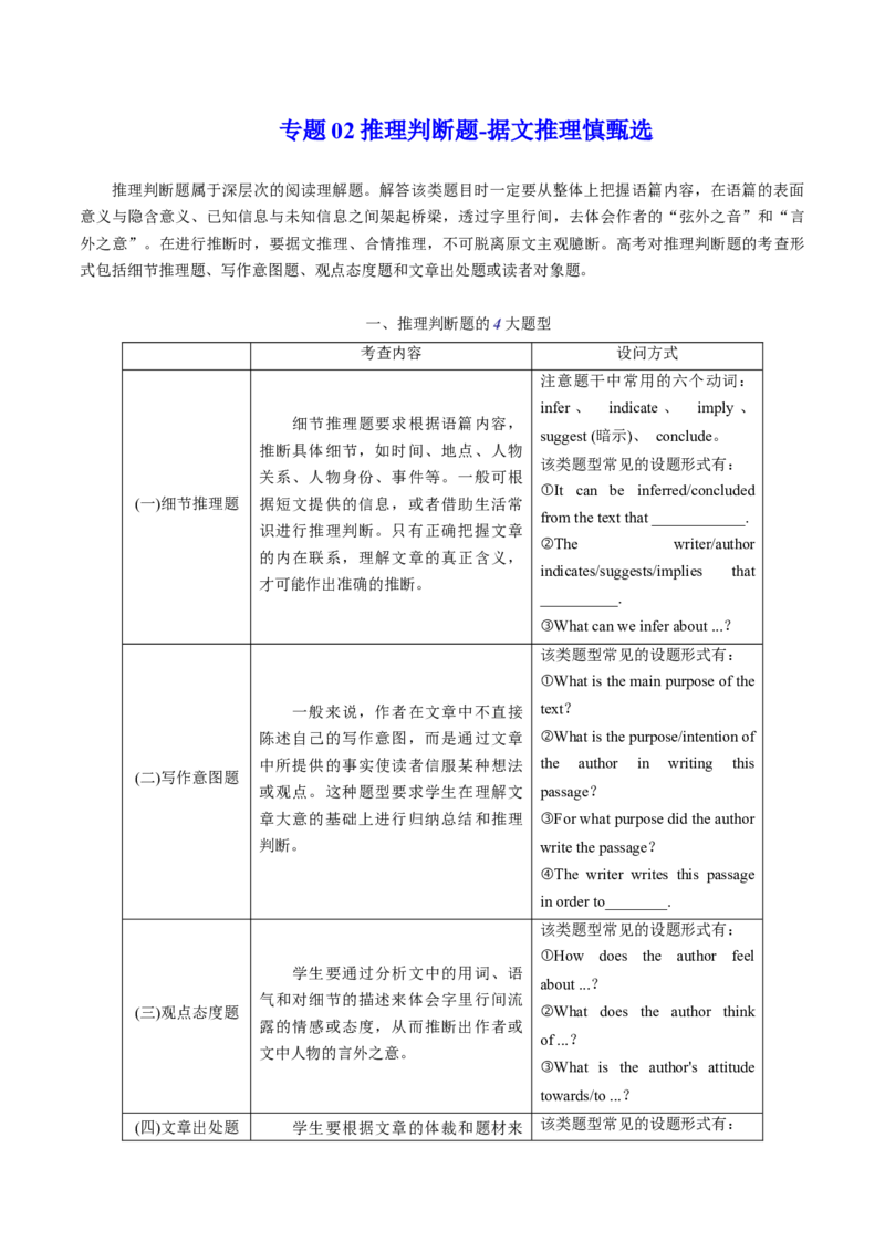 专题02+推理判断题+据文推理慎甄选-备战2023年高考英语〖破解阅读理解〗讲练测_3.2025英语总复习_2023年新高考资料_专项复习_阅读理解专项