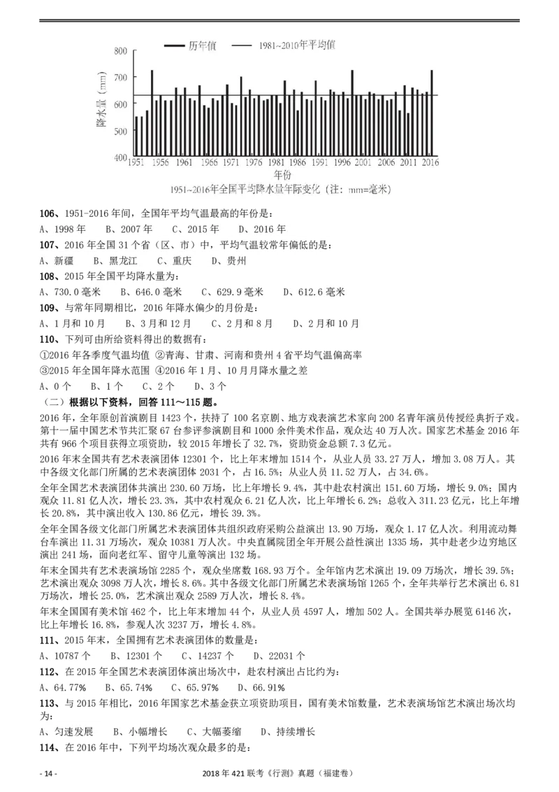 2018年421联考《行测》真题（福建卷）_34省+国考真题_34省考+国考pdf版推荐用这个版本_34省行测+申论真题pdf推荐用这个版本_福建公务员考试真题pdf版_题目