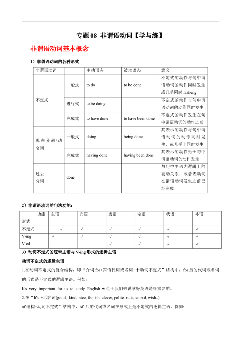 专题08非谓语动词先学先知备考2023年高考英语零轮复习双基必过学与练（通用版）_3.2025英语总复习_赠品通用版（老高考）复习资料_专项复习