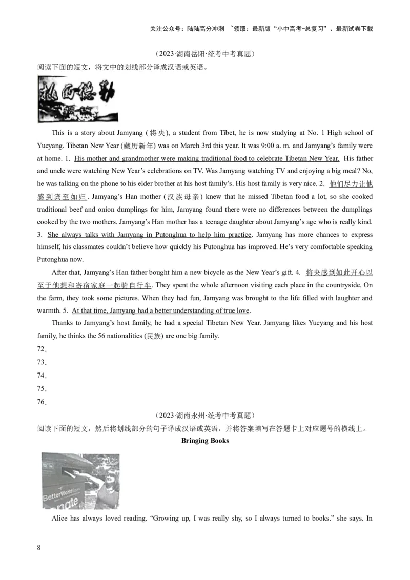 第19讲翻译（练习）-2024年中考英语一轮复习讲练测（全国通用）（原卷版）_02中考总复习（2026版更新中）_03-英语-中考总复习_2024年中考复习资料_一轮复习_配套练习（原卷版+解析版）