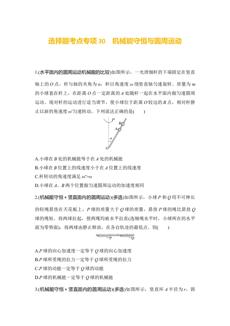 选择题考点专项30　机械能守恒与圆周运动（后附解析）_4.2025物理总复习_2025年新高考资料_一轮复习_2025年高考物理一轮复习选择题考点专项训练(附解析）