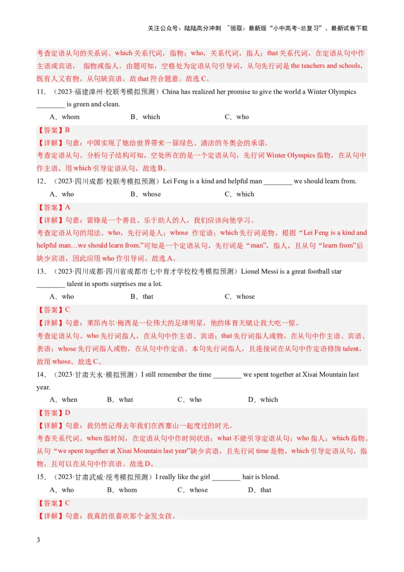 第09讲定语从句（练习）-2024年中考英语一轮复习讲练测（全国通用）（解析版）_02中考总复习（2026版更新中）_03-英语-中考总复习_2024年中考复习资料_一轮复习