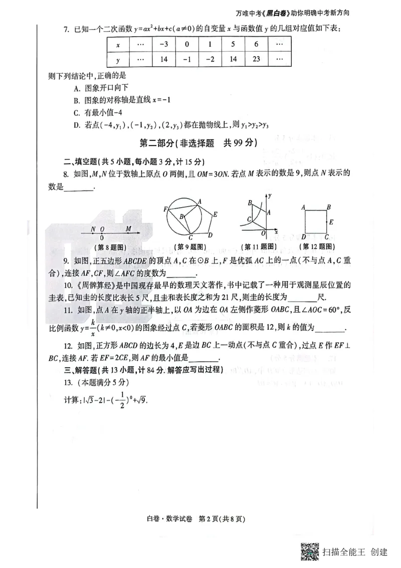 2025~数学白卷_初中资料合集_2025《万唯中考&bull;黑白卷》多地方版（更30省）_2025《万唯中考&bull;黑白卷》7科全套（陕西）