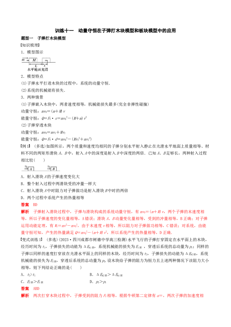 训练十一动量守恒在子弹打木块模型和板块模型中的应用-备战2024年高考物理一轮复习专题复习与训练(解析版）_4.2025物理总复习_2024年新高考资料_3.2024专项复习