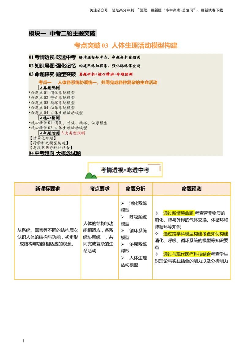 热点突破03人体生理活动模型构建（讲练）（原卷版）_02中考总复习（2026版更新中）_08-生物-中考总复习_2025中考复习资料_2025中考二轮课件ppt+讲义+练习生物_讲义+练习