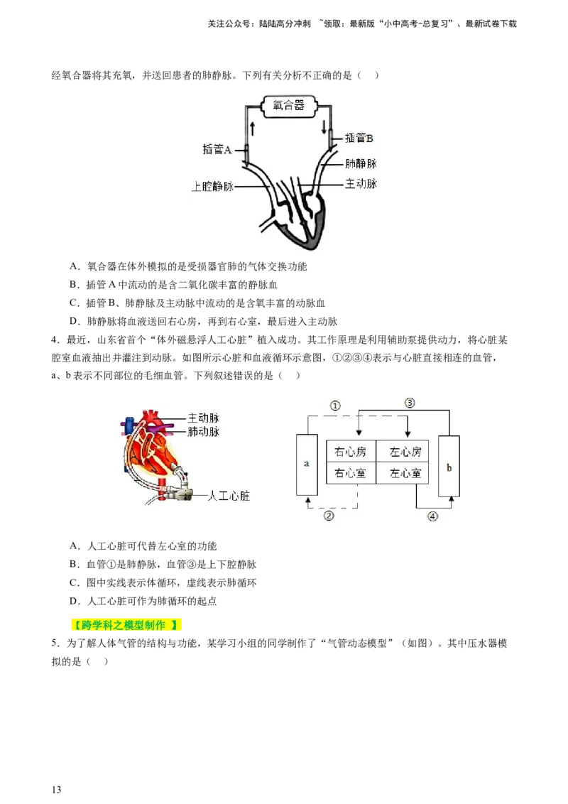 热点突破03人体生理活动模型构建（讲练）（原卷版）_02中考总复习（2026版更新中）_08-生物-中考总复习_2025中考复习资料_2025中考二轮课件ppt+讲义+练习生物_讲义+练习