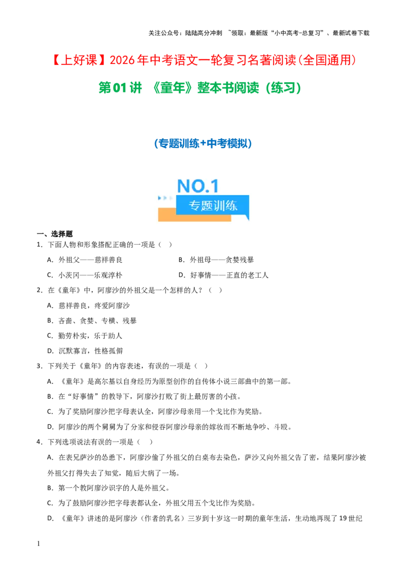 第01讲《童年》整本书阅读(练习）（原卷版）_02中考总复习（2026版更新中）_01-语文-中考总复习_2026年中考复习（更新中）_2026年中考语文一轮复习名著阅读