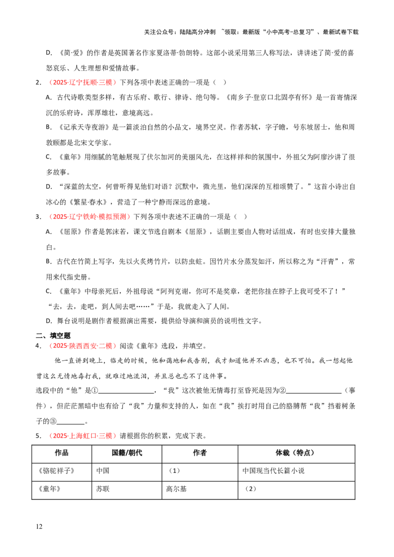 第01讲《童年》整本书阅读(练习）（原卷版）_02中考总复习（2026版更新中）_01-语文-中考总复习_2026年中考复习（更新中）_2026年中考语文一轮复习名著阅读