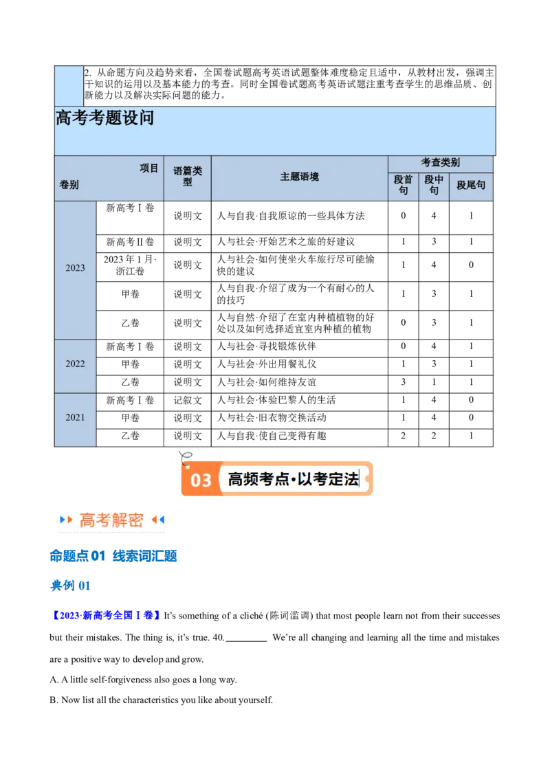 专题12七选五之依据行文手法（线索词汇+逻辑关系）解题（讲义）(解析版）_3.2025英语总复习_2024年新高考资料_2.2024二轮复习