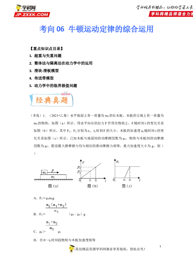 考向06牛顿运动定律的综合运用-备战2023年高考物理一轮复习考点微专题（全国通用）（原卷版）_4.2025物理总复习_赠品通用版（老高考）复习资料_一轮复习