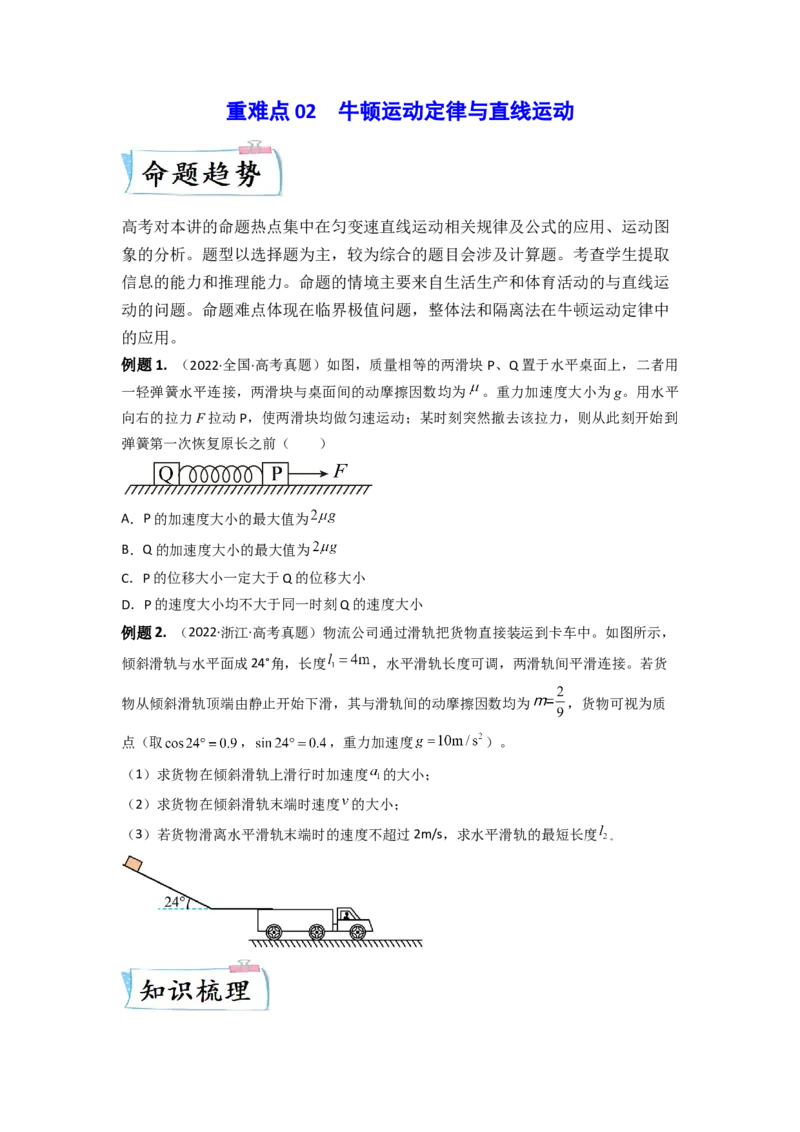 重难点02牛顿运动定律与直线运动（原卷版）&mdash;2023年高考物理热点&middot;重点&middot;难点专练（全国通用）_4.2025物理总复习_赠品通用版（老高考）复习资料_专项复习