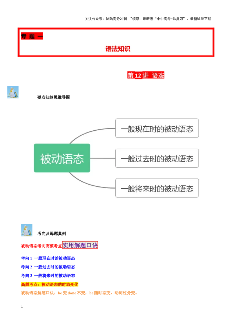 第12讲语态(一般现在时、一般过去时、一般将来时）（原卷版）_02中考总复习（2026版更新中）_03-英语-中考总复习_2024年中考复习资料_专项复习资料_完2024年中考英语学霸必刷子母题