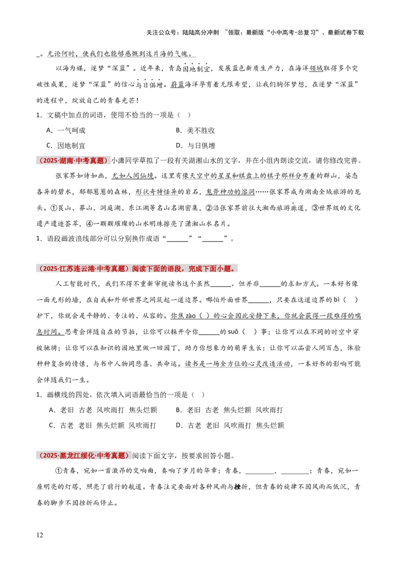 知识点精讲第二关：基础知识综合&mdash;02成语熟语考查趋势+重难点讲解+知识清单+真题闯关（全国通用）（原卷版）_02中考总复习（2026版更新中）_01-语文-中考总复习