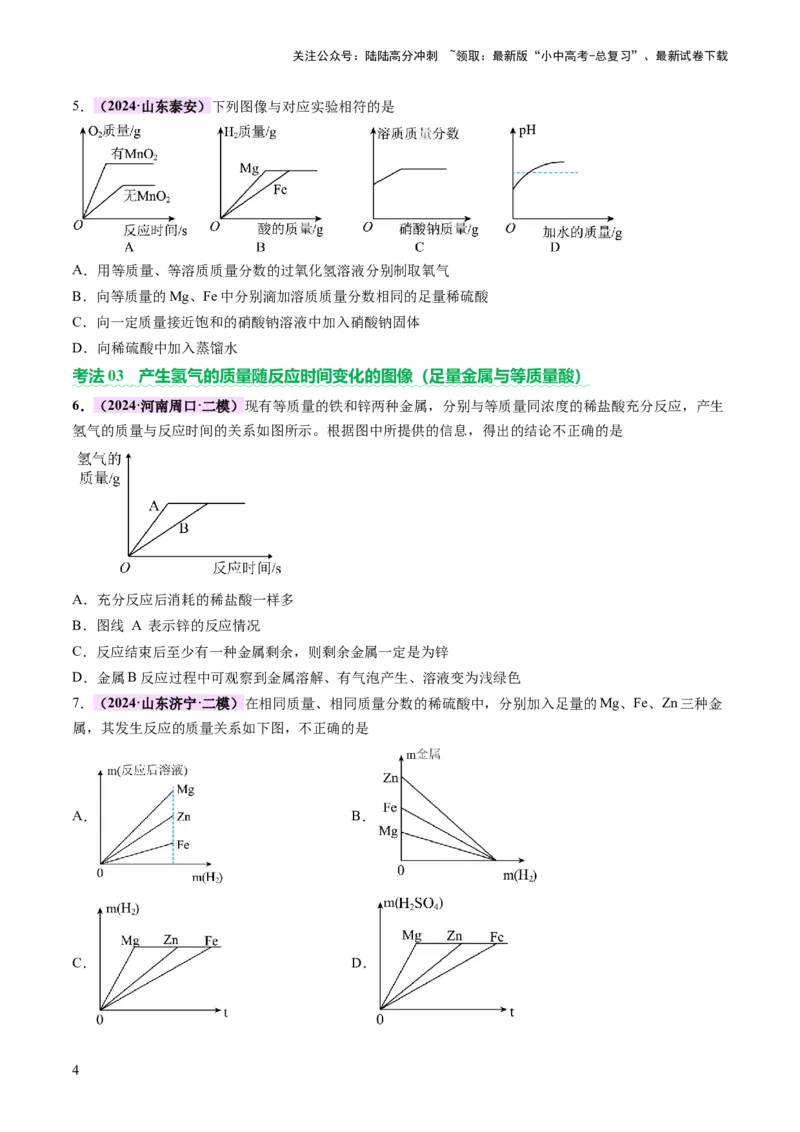 热点突破金属与酸、盐溶液反应的图像问题（讲练）（原卷版）_02中考总复习（2026版更新中）_05-化学-中考总复习_2025年中考复习资料_2025中考二轮课件ppt+讲义+练习化学_讲义+练习