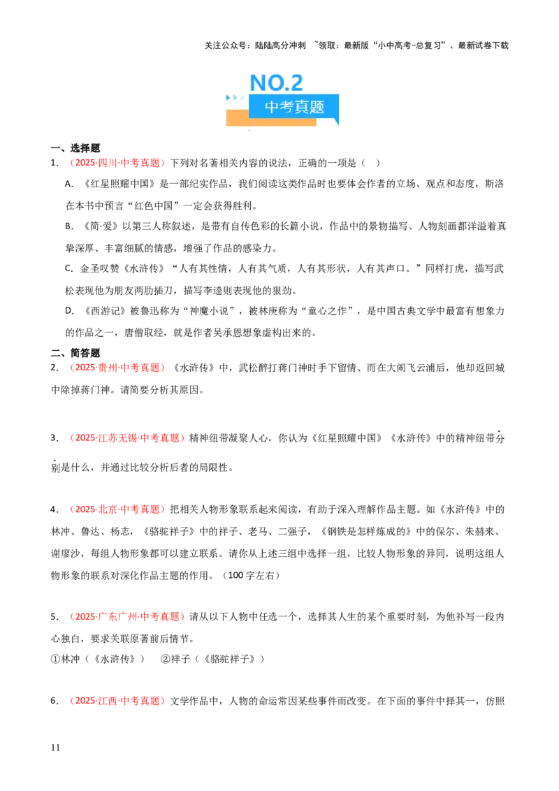 第10讲《水浒传》整本书阅读(练习）（原卷版）_02中考总复习（2026版更新中）_01-语文-中考总复习_2026年中考复习（更新中）_2026年中考语文一轮复习名著阅读