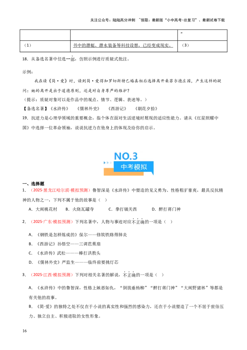 第10讲《水浒传》整本书阅读(练习）（原卷版）_02中考总复习（2026版更新中）_01-语文-中考总复习_2026年中考复习（更新中）_2026年中考语文一轮复习名著阅读